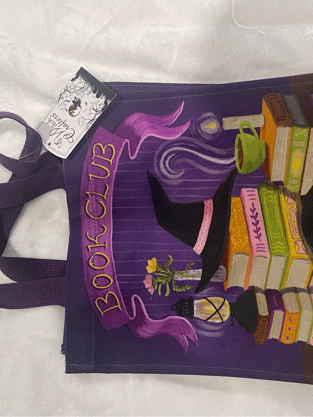 Purple 'Book Club' Canvas Tote Bag with Witchy Book Design